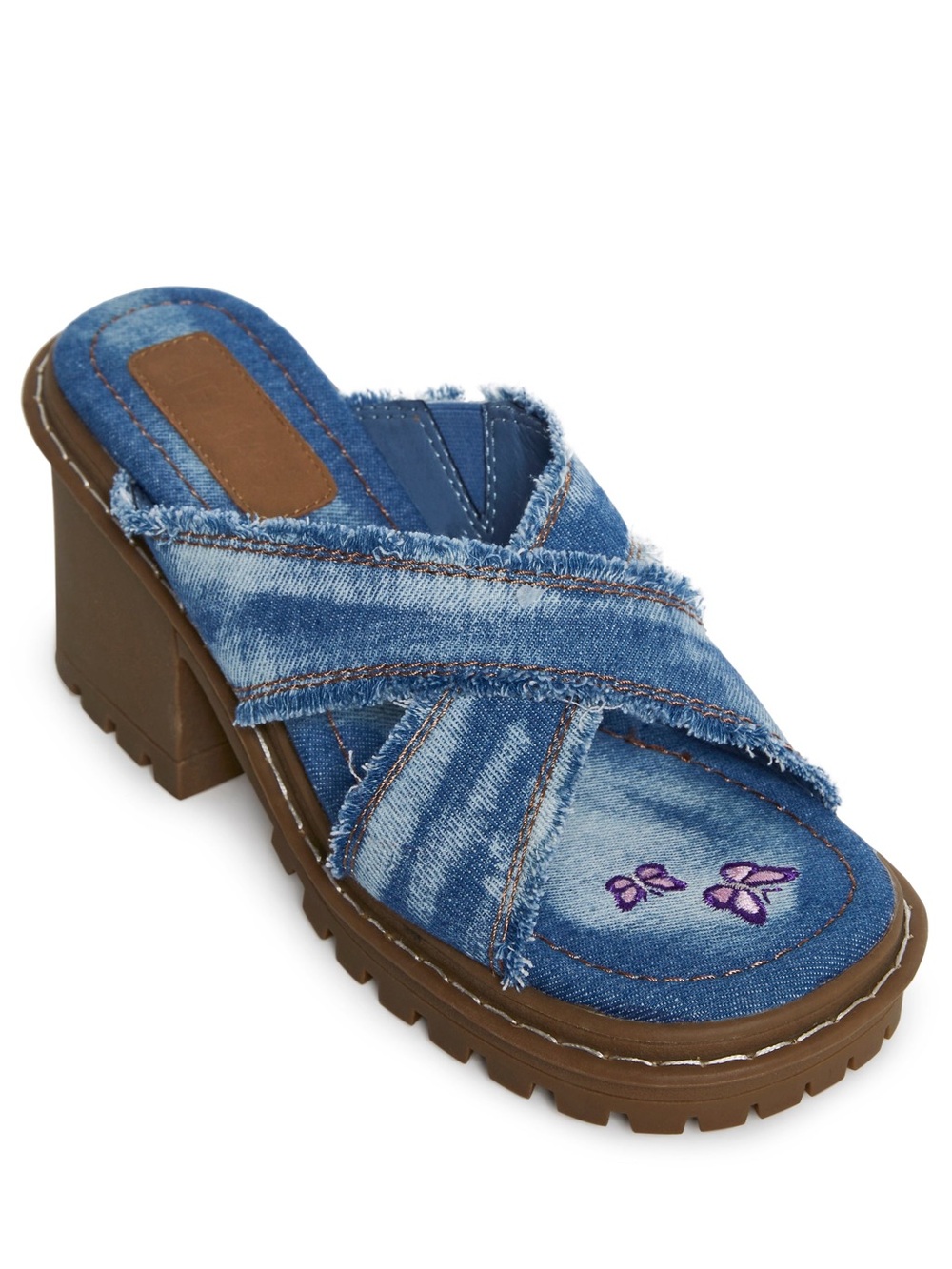 Delia's by Dolls Kill Star Worthy Cross Strap Slides 7 Denim Block Heel Sandals